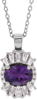 Platinum Oval Natural Amethyst Halo-Style Necklace or Pendant