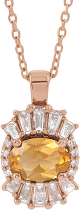 14K Gold Oval Natural Citrine Halo-Style Necklace or Pendant - Rose Gold