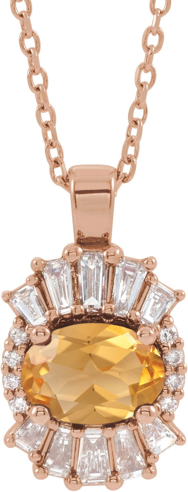 14K Gold Oval Natural Citrine Halo-Style Necklace or Pendant - Rose Gold