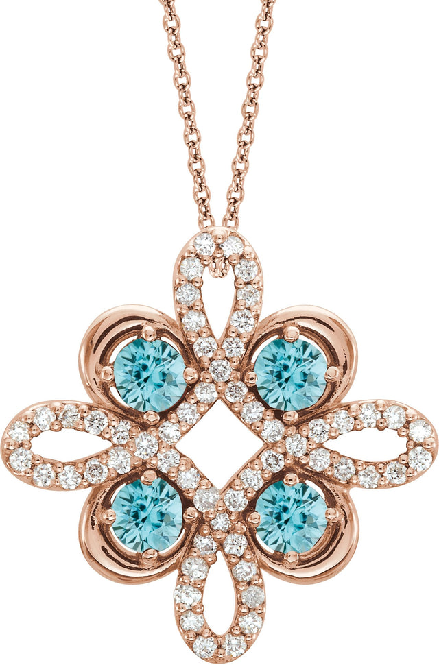 14K Gold Round Natural Blue Zircon Clover Necklace or Pendant - Rose Gold