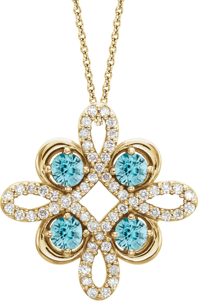 14K Gold Round Natural Blue Zircon Clover Necklace or Pendant - Yellow Gold