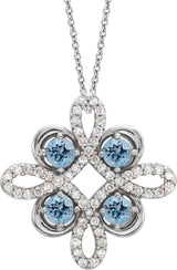 Platinum Round Natural Aquamarine Clover Necklace or Pendant