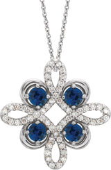14K Gold Round Natural Blue Sapphire Clover Necklace or Pendant - White Gold