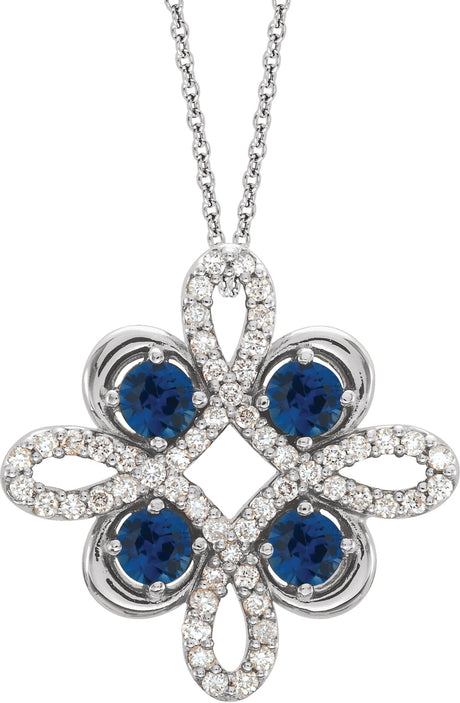 14K Gold Round Natural Blue Sapphire Clover Necklace or Pendant - White Gold