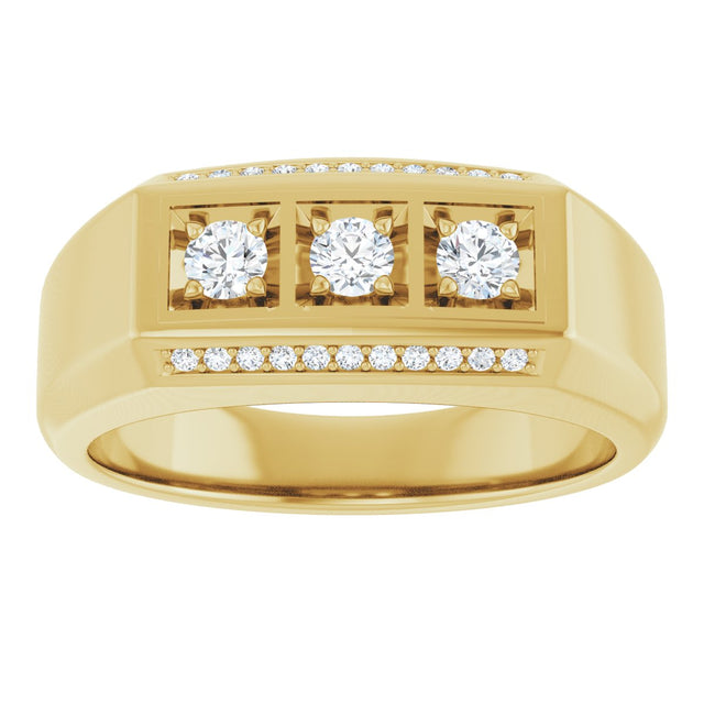 14K Gold Round Natural Diamond Three-Stone Ring III - Yellow Gold - view 3
