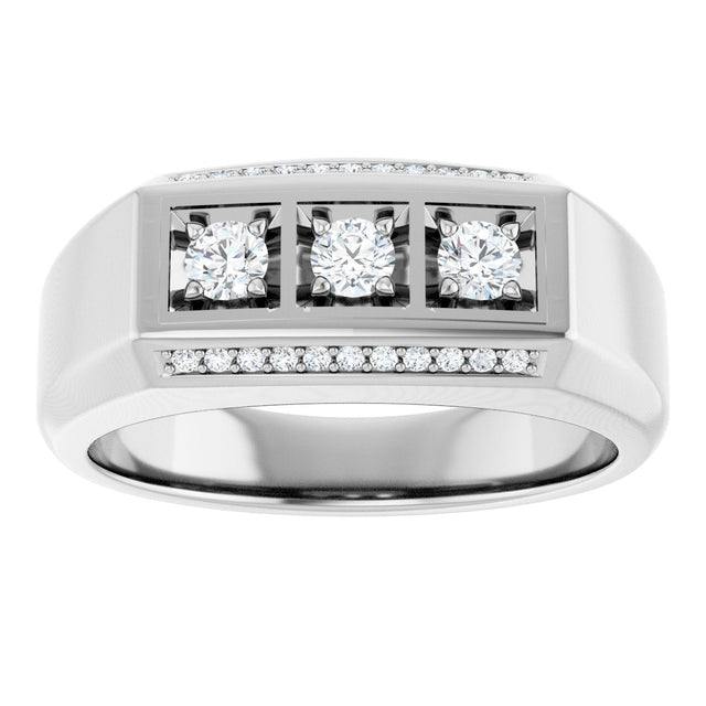 14K Gold Round Natural Diamond Three-Stone Ring III - White Gold - view 3