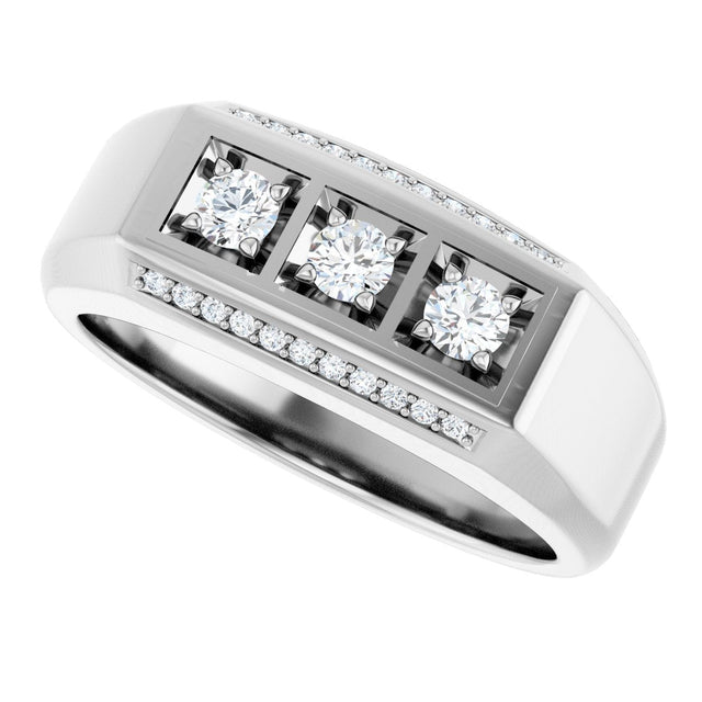 14K Gold Round Natural Diamond Three-Stone Ring III - White Gold - view 5