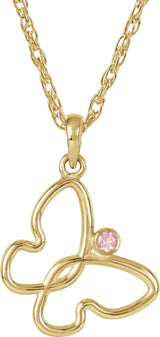 14K Gold Round Natural Pink Tourmaline Butterfly Necklace or Pendant