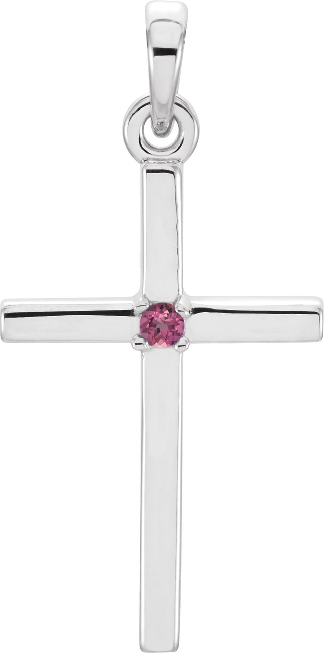 14K Gold Round Natural Pink Tourmaline Birthstone Cross Pendant - White Gold