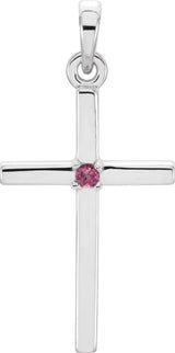 Platinum Round Natural Pink Tourmaline Birthstone Cross Pendant