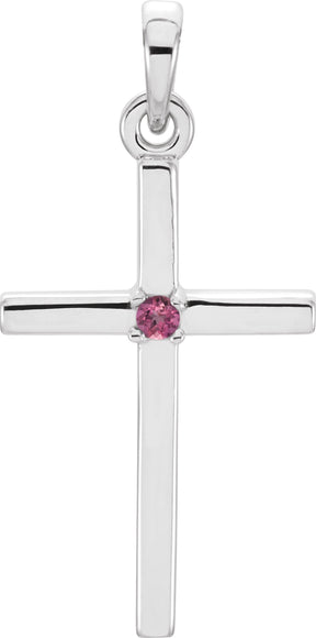 Platinum Round Natural Pink Tourmaline Birthstone Cross Pendant