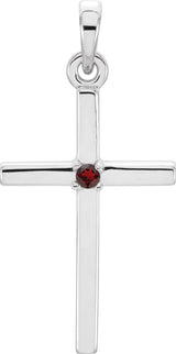 Platinum Round Natural Mozambique Garnet Birthstone Cross Pendant