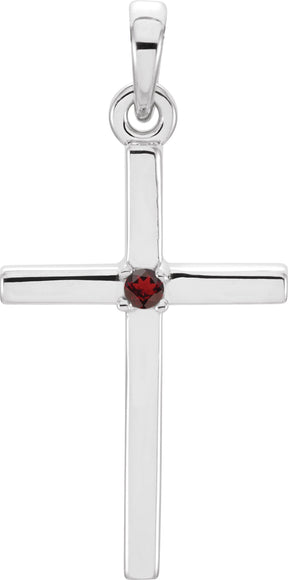 14K Gold Round Natural Mozambique Garnet Birthstone Cross Pendant - White Gold