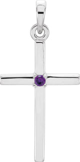 14K Gold Round Natural Amethyst Birthstone Cross Pendant - White Gold