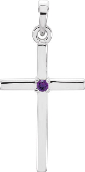 14K Gold Round Natural Amethyst Birthstone Cross Pendant - White Gold