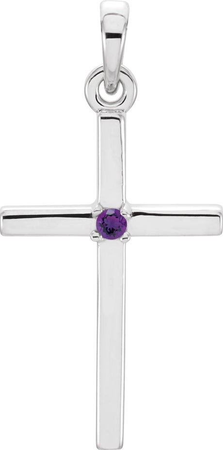 14K Gold Round Natural Amethyst Birthstone Cross Pendant - White Gold