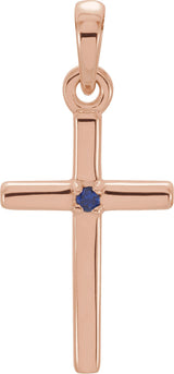 14K Gold Round Natural Blue Sapphire Birthstone Cross Pendant - Rose Gold