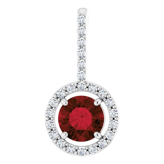 14K Gold Round Natural Mozambique Garnet Accented Halo-Style Pendant