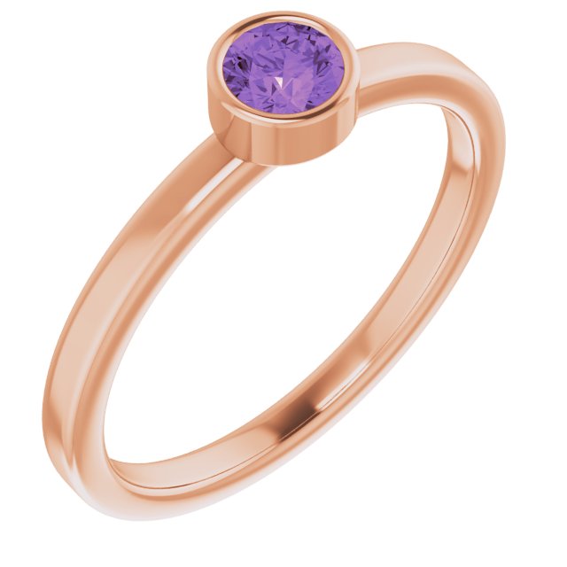 14K Gold Round Natural Amethyst Bezel-Set Solitaire Ring - Rose Gold