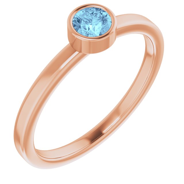 14K Gold Round Natural Aquamarine Bezel-Set Solitaire Ring - Rose Gold