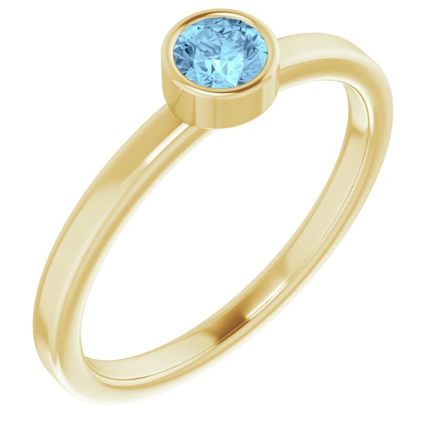 14K Gold Round Natural Aquamarine Bezel-Set Solitaire Ring - Yellow Gold