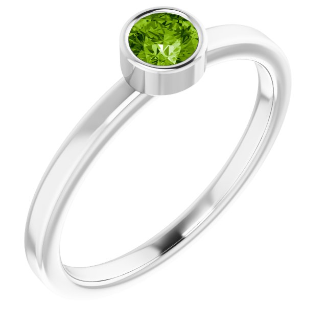 14K Gold Round Natural Peridot Bezel-Set Solitaire Ring - White Gold