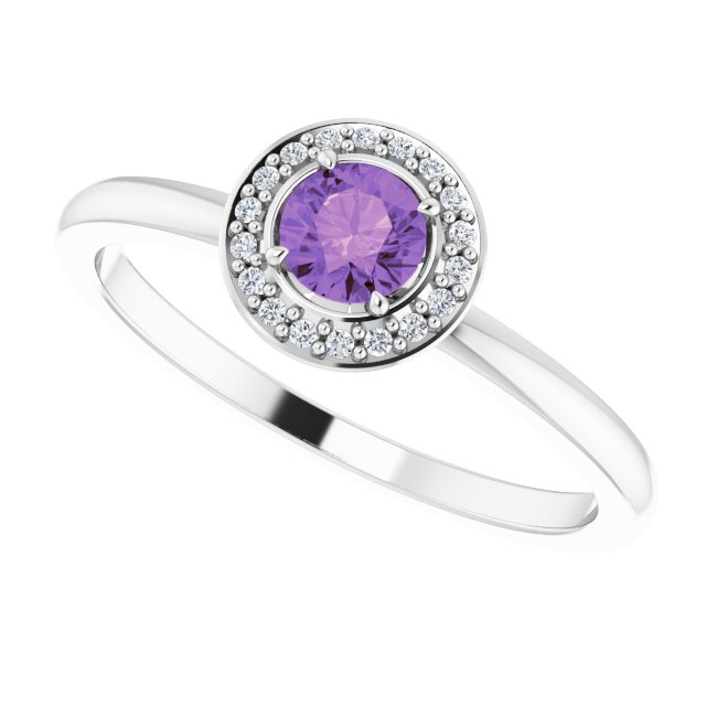 14K Gold Round Natural Amethyst Halo-Style Ring - White Gold - view 5