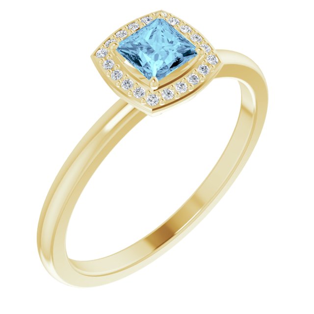 14K Gold Square Natural Aquamarine Halo-Style Ring - Yellow Gold