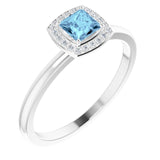 14K Gold Square Natural Aquamarine Halo-Style Ring - White Gold