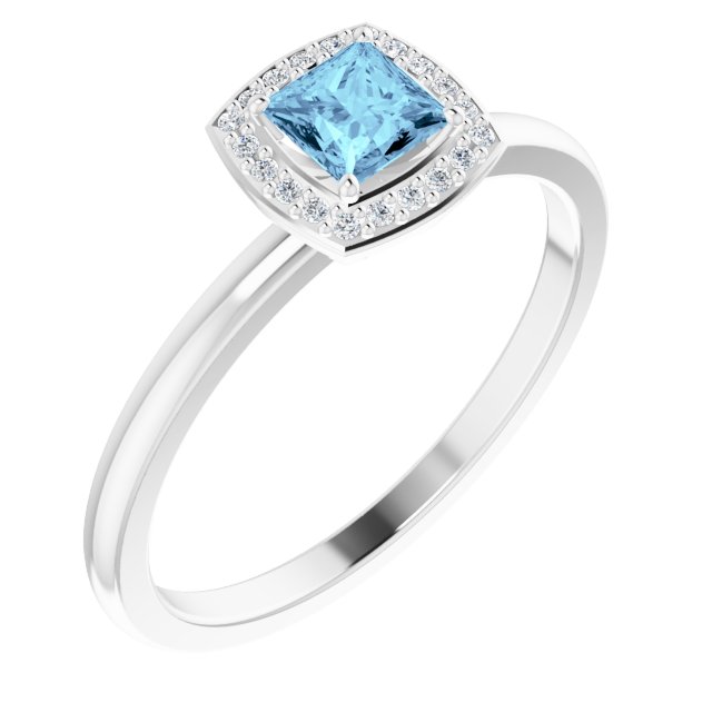 14K Gold Square Natural Aquamarine Halo-Style Ring - White Gold