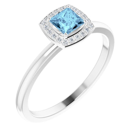 Platinum Square Natural Aquamarine Halo-Style Ring