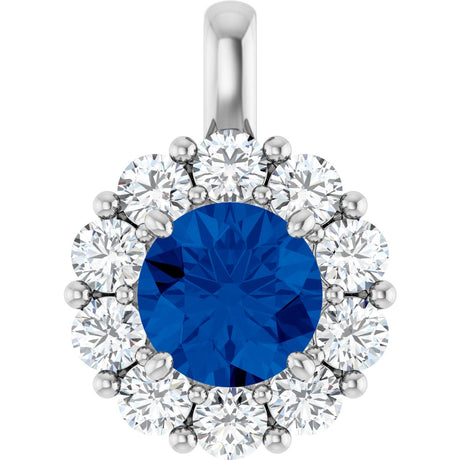 14K Gold Round Lab-Grown Blue Sapphire Halo-Style Pendant - White Gold