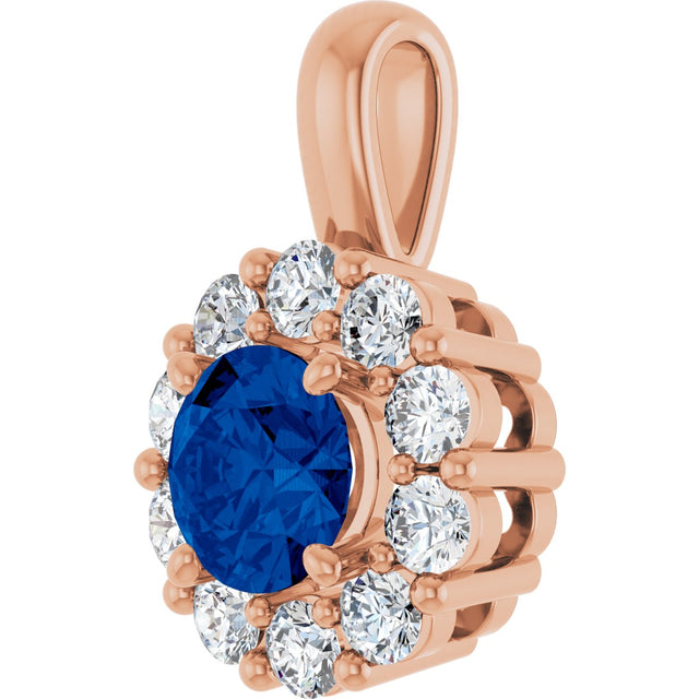 14K Gold Round Lab-Grown Blue Sapphire Halo-Style Pendant - Rose Gold - view 2