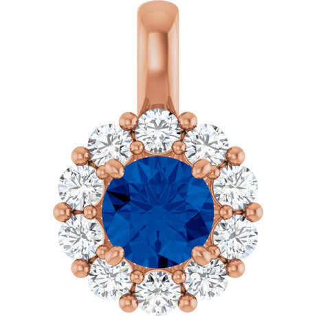 14K Gold Round Lab-Grown Blue Sapphire Halo-Style Pendant - Rose Gold