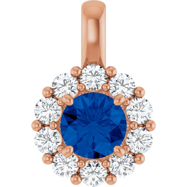 14K Gold Round Lab-Grown Blue Sapphire Halo-Style Pendant - Rose Gold