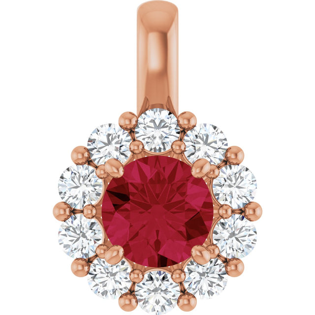 14K Gold Round Lab-Grown Ruby Halo-Style Pendant - Rose Gold