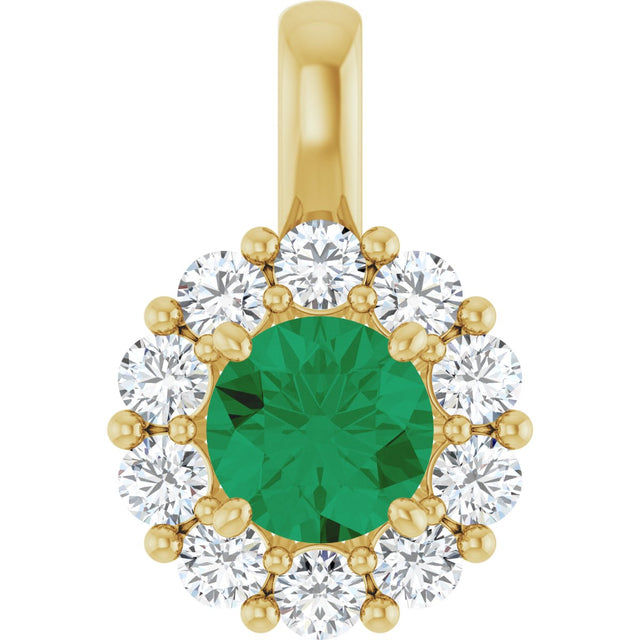 14K Gold Round Lab-Grown Emerald Halo-Style Pendant - Yellow Gold