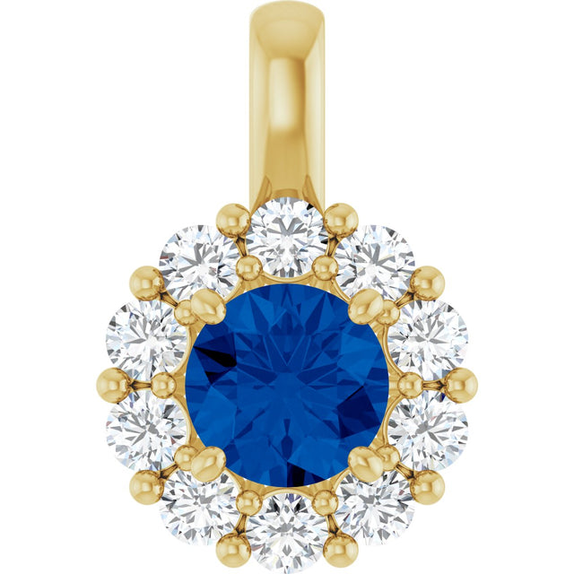 14K Gold Round Lab-Grown Blue Sapphire Halo-Style Pendant - Yellow Gold