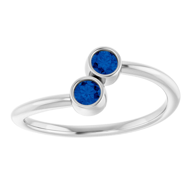 14K Gold Round Natural Blue Sapphire Two-Stone Ring - White Gold - view 3