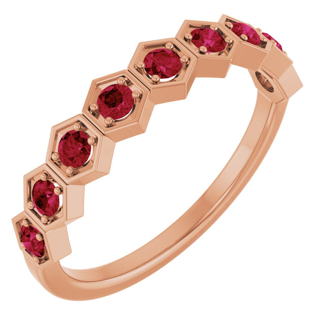 14K Gold Round Natural Ruby Stackable Geometric Ring - Rose Gold