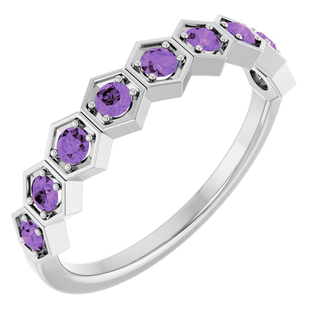 Platinum Round Natural Amethyst Stackable Geometric Ring