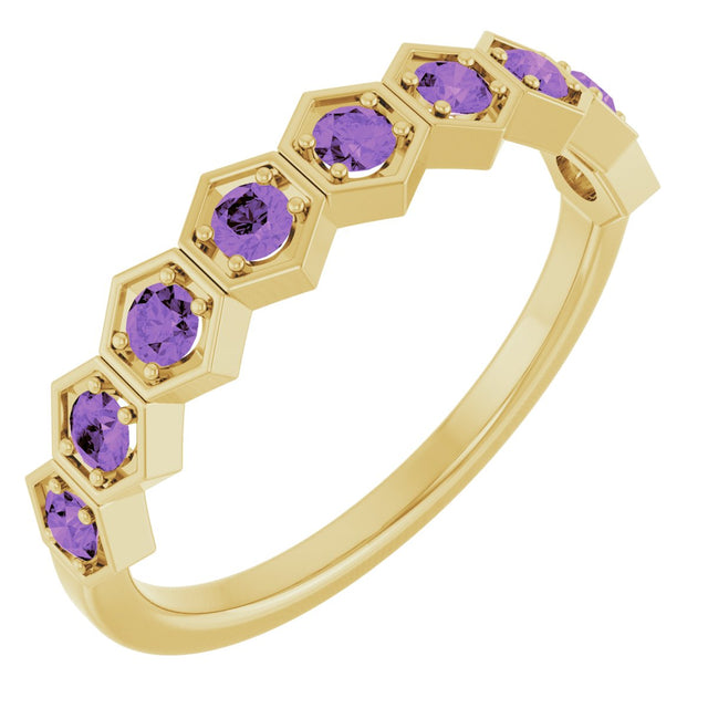 14K Gold Round Natural Amethyst Stackable Geometric Ring - Yellow Gold