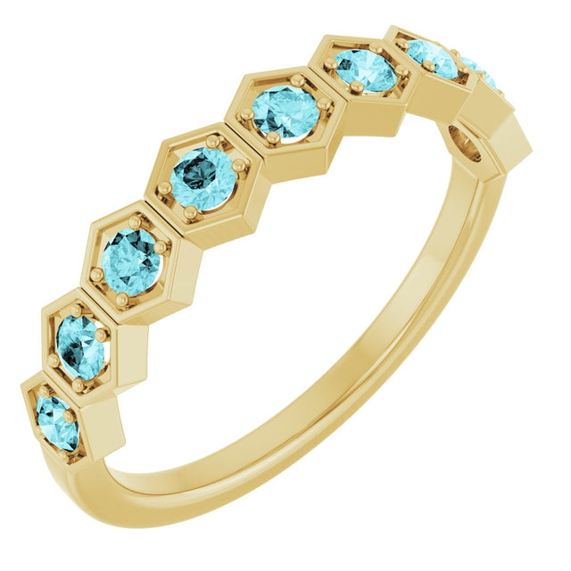 14K Gold Round Natural Blue Zircon Stackable Geometric Ring - Yellow Gold