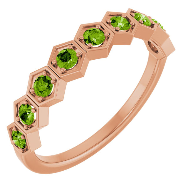14K Gold Round Natural Peridot Stackable Geometric Ring - Rose Gold