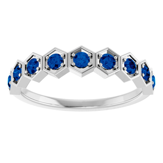 Platinum Round Natural Blue Sapphire Stackable Geometric Ring - view 3