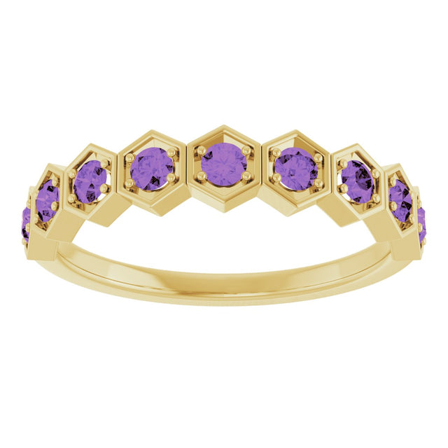 14K Gold Round Natural Amethyst Stackable Geometric Ring - Yellow Gold - view 3