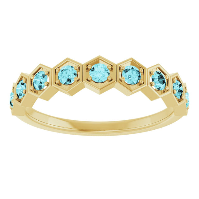 14K Gold Round Natural Blue Zircon Stackable Geometric Ring - Yellow Gold - view 3