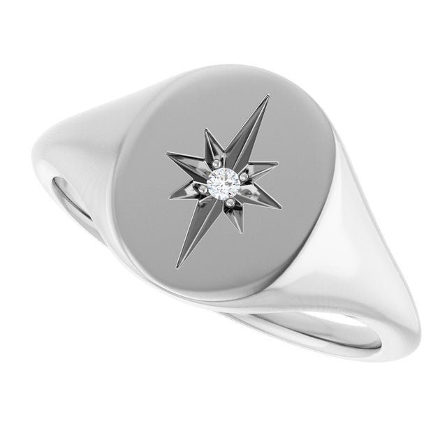 14K Gold Round Natural Diamond Oval Starburst Signet Ring - White Gold - view 5