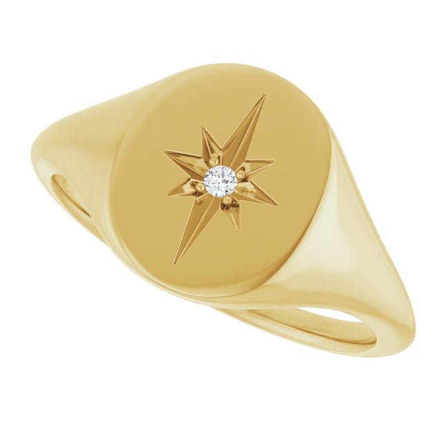 14K Gold Round Natural Diamond Oval Starburst Signet Ring - Yellow Gold - view 5