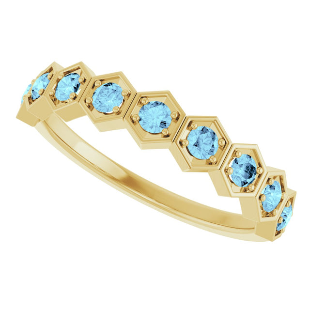 14K Gold Round Natural Aquamarine Stackable Geometric Ring - Yellow Gold - view 5